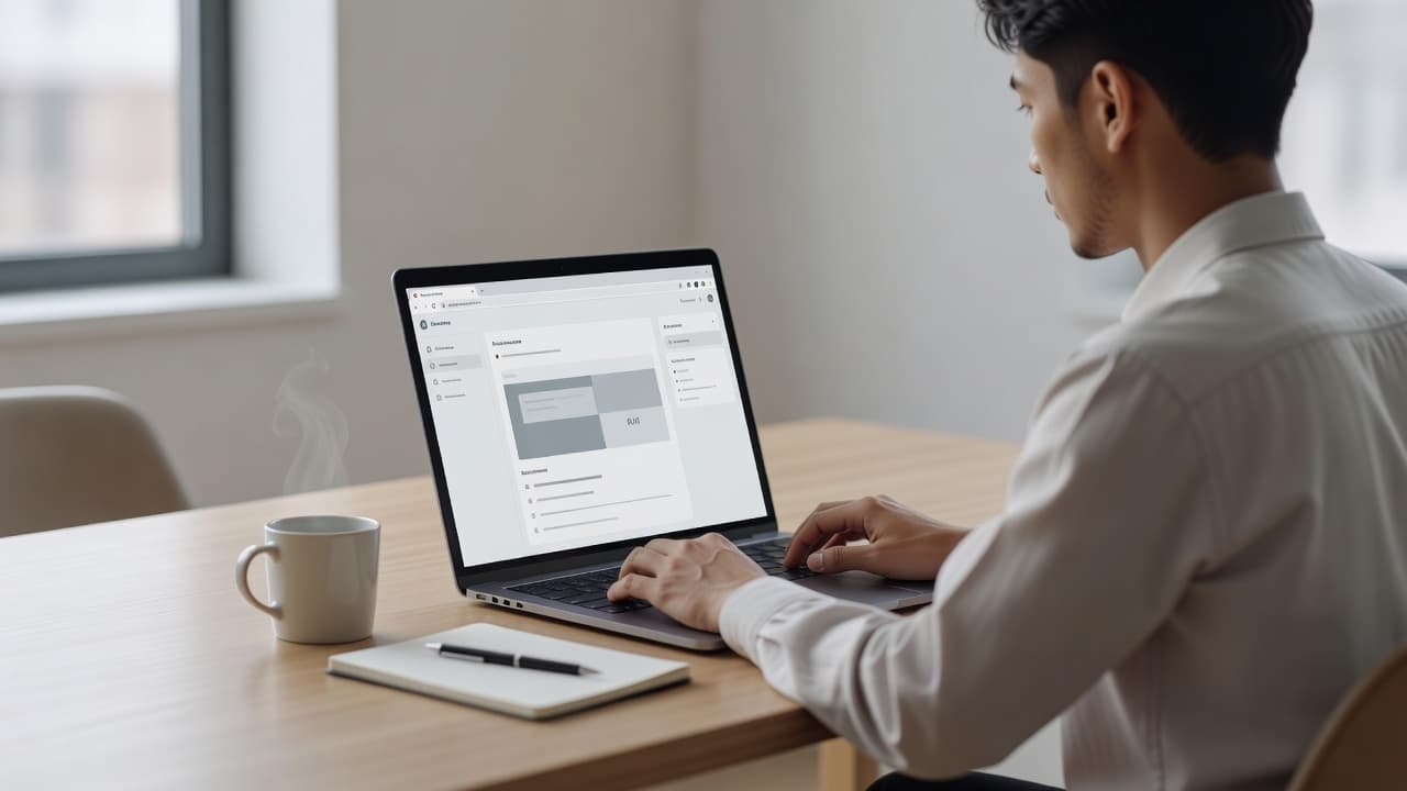 A focused individual sits at a minimalist desk inside a sunlit room, interacting with a browser interface on their laptop. A ceramic mug and a leather notepad rest nearby on wood.