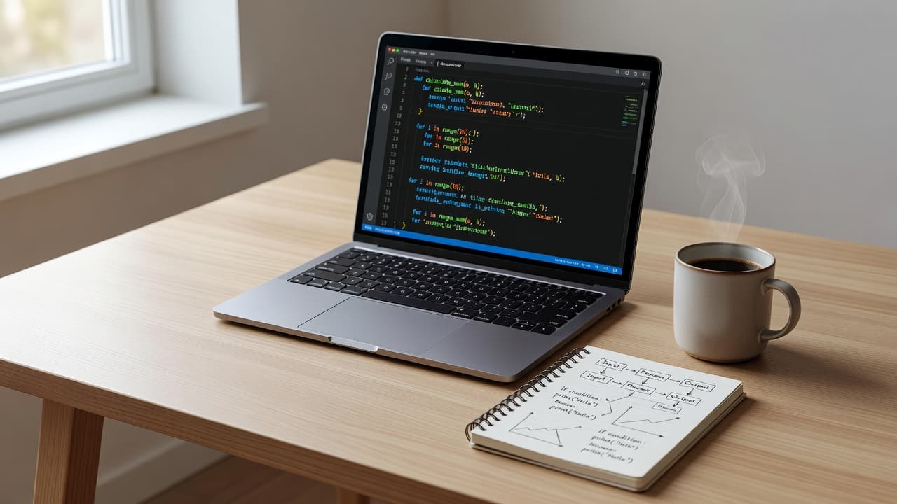 A wooden desktop features a laptop displaying complex abstract code, a spiral-bound notebook with handwritten technical diagrams, and a steaming ceramic mug. The scene is bathed in soft natural morning light.