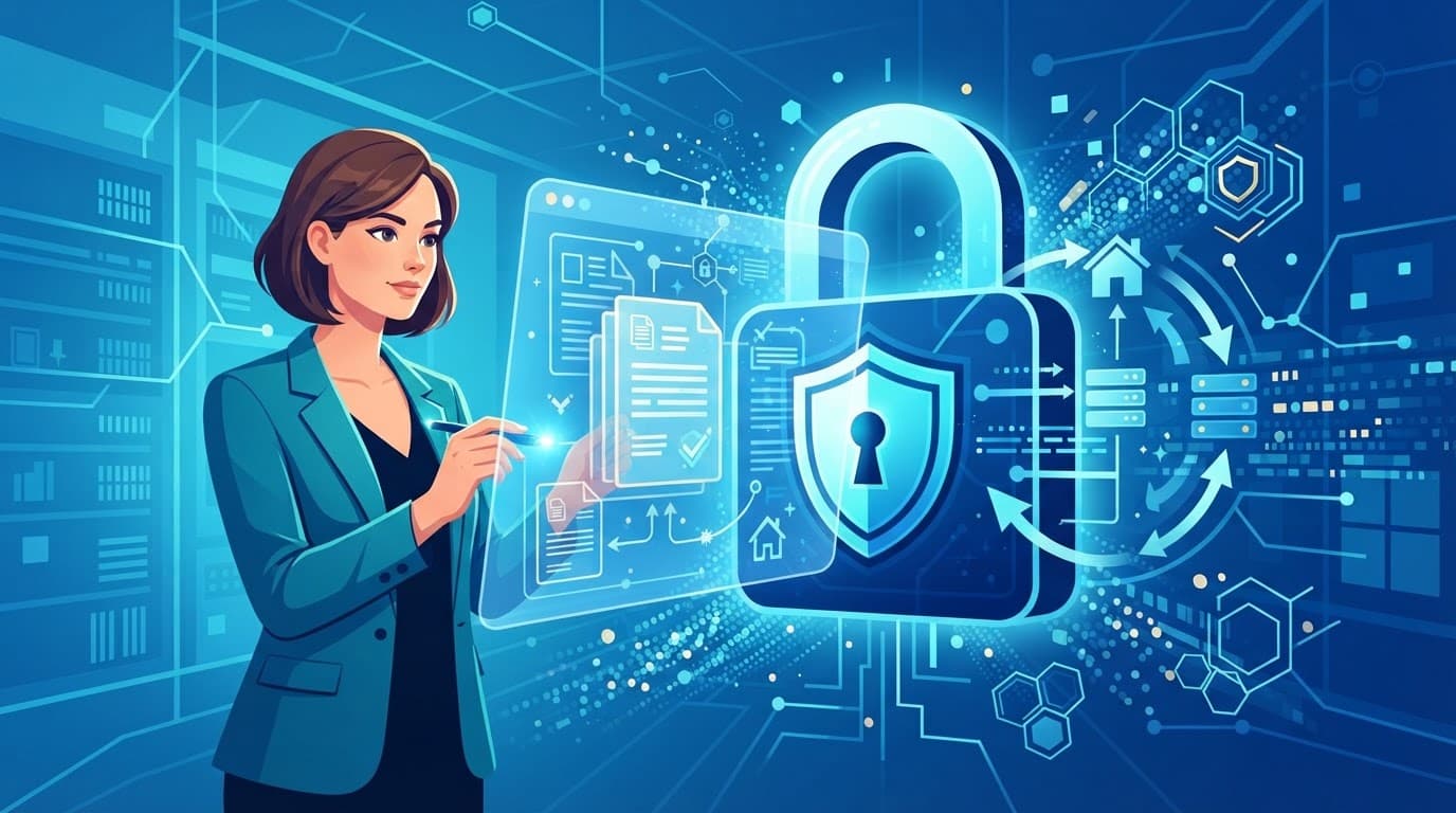Privacy Policy for Best Investing Realty, person beside a blue digital lock and document icons representing secure property data.