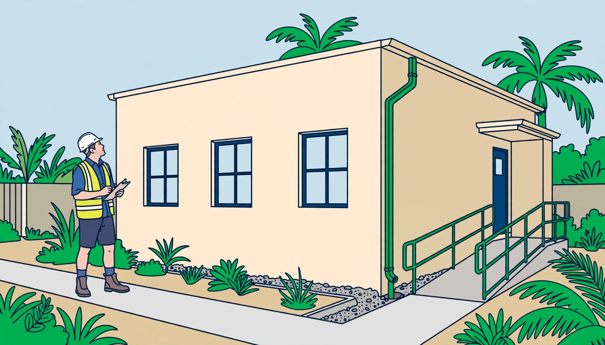 Florida final building inspection illustration showing an inspector reviewing a completed home's exterior