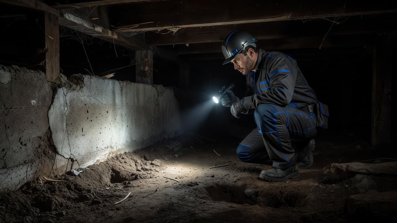 A professional technician wearing clean protective gear scans a dark residential foundation with a bright flashlight. Deep shadows frame the concrete structure, highlighting potential pest entry points for an integrated inspection.
