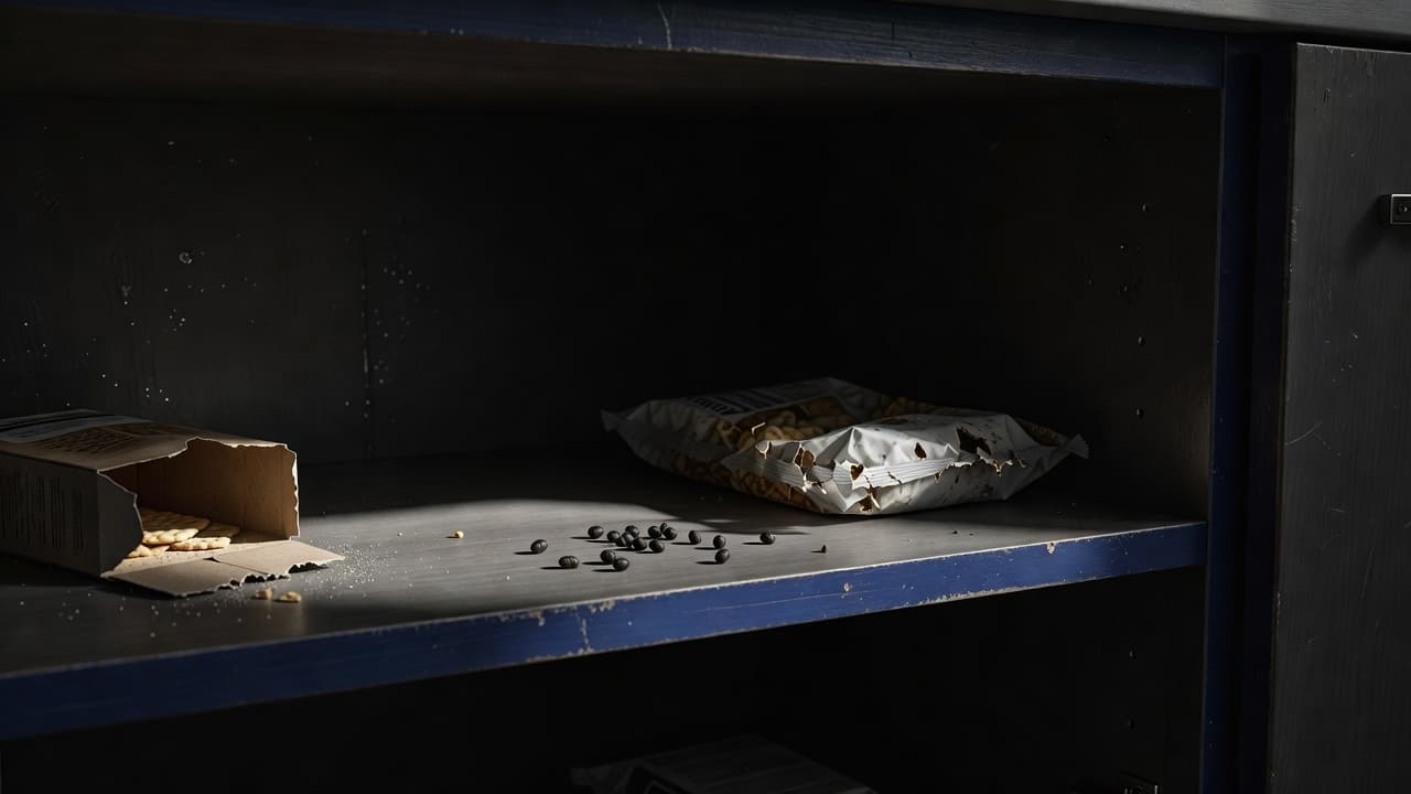 Small dark droppings and jagged gnaw marks appear on a cardboard food package inside a shadowed cupboard. Indigo lighting highlights the debris scattered across the dark wooden surface of the shelf.