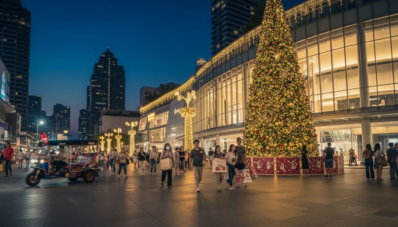 Christmas lights and tree in front of a shopping mall in Bangkok at night