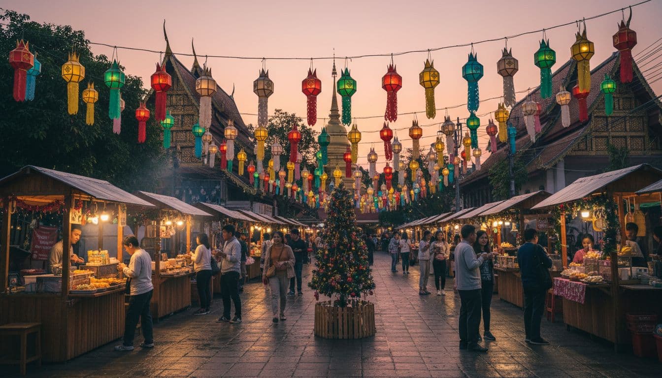 Christmas-style street with lanterns and stalls in Chiang Mai