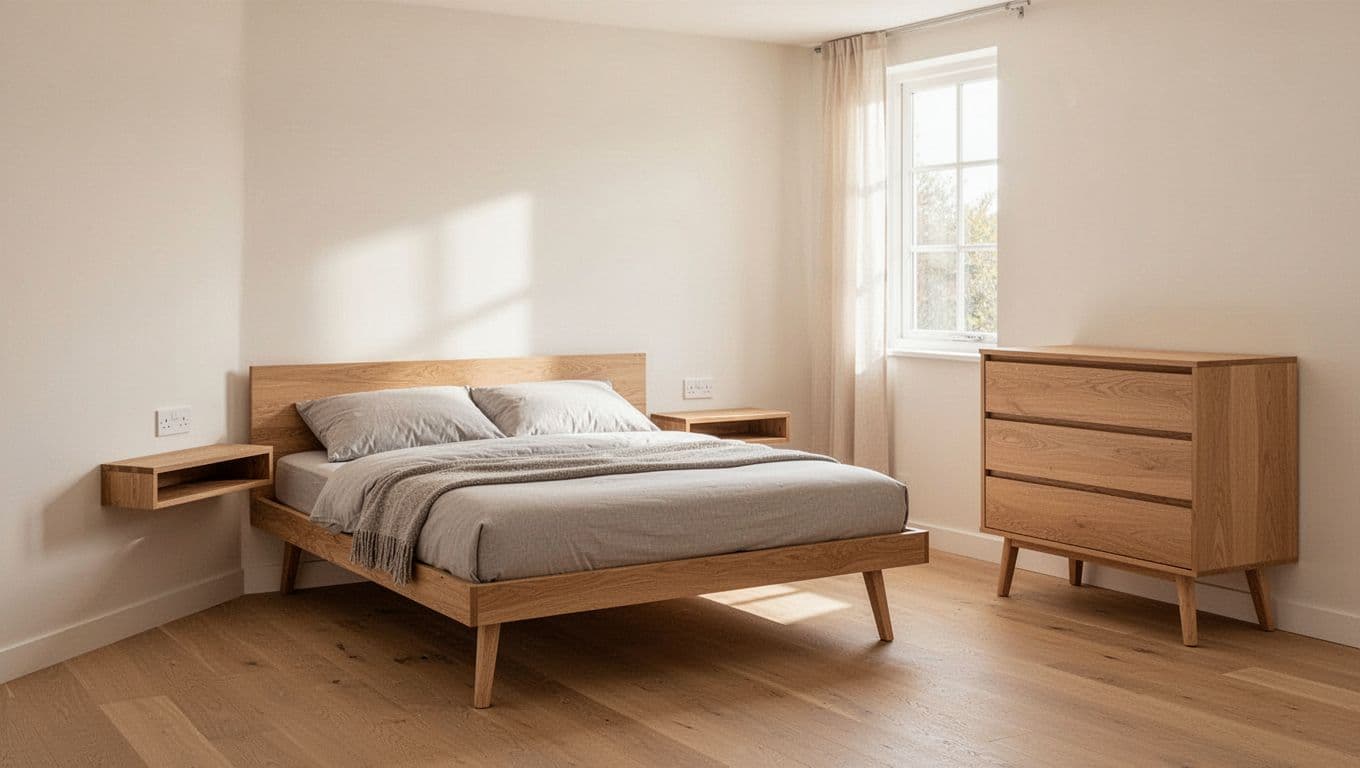 Compact small bedroom featuring slim wall-mounted floating shelf nightstands beside a low-profile light wood platform bed and open-leg dresser, offering ample walking space and an airy modern minimalist atmosphere with warm natural light.