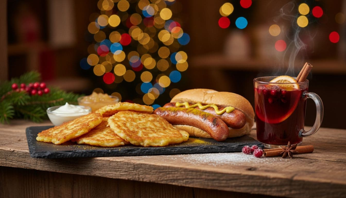 Classic Christmas market food: sausages, potato dishes, and mulled wine