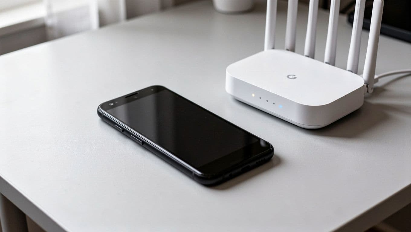A realistic high-resolution photo of a single Google Pixel phone centered on a clean desk next to a home WiFi router, with soft natural lighting and no people, cables, or extra objects.