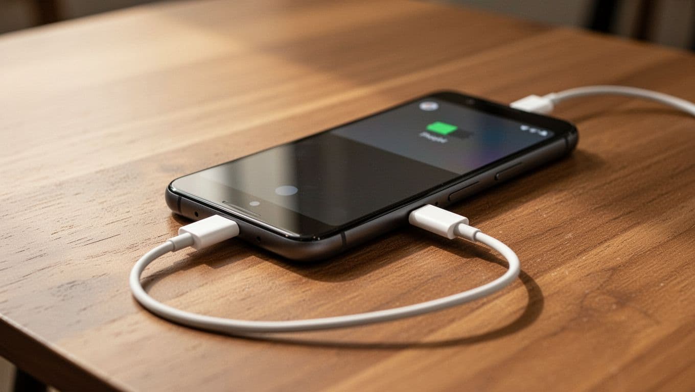 Realistic close-up photo of a Google Pixel smartphone on a wooden table connected loosely to a charging cable, with warm indoor lighting and subtle shadows.