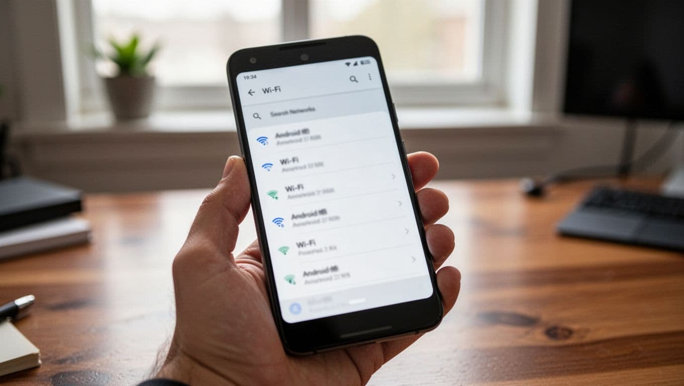 Realistic close-up photo of a Google Pixel smartphone held in one hand, screen displaying blurred Android Wi-Fi settings menu against a blurred home office background.