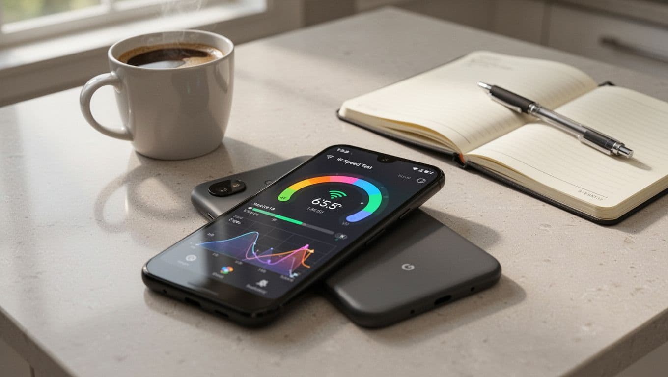 Realistic photograph of a Google Pixel smartphone lying flat on a light-colored kitchen table, screen displaying a blurred WiFi speed test app, with a half-filled coffee mug and open notebook nearby in morning natural light.