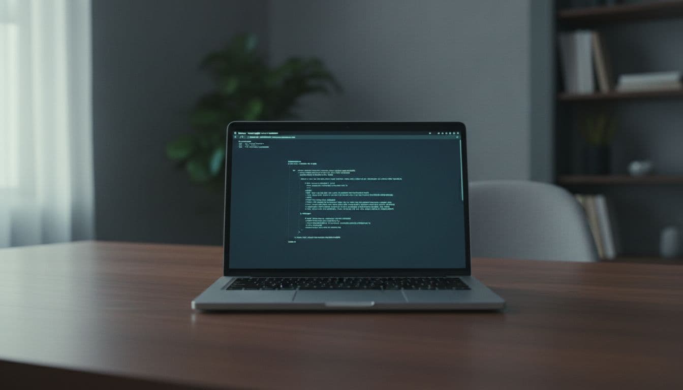 Laptop screen in quiet office displays dark-themed Linux terminal with logrotate command.