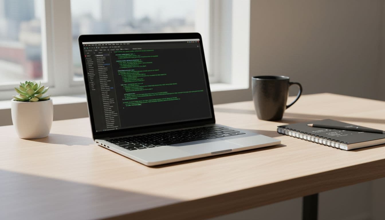 Clean desk with open laptop showing terminal config editor, notebook, coffee mug, and natural window light.