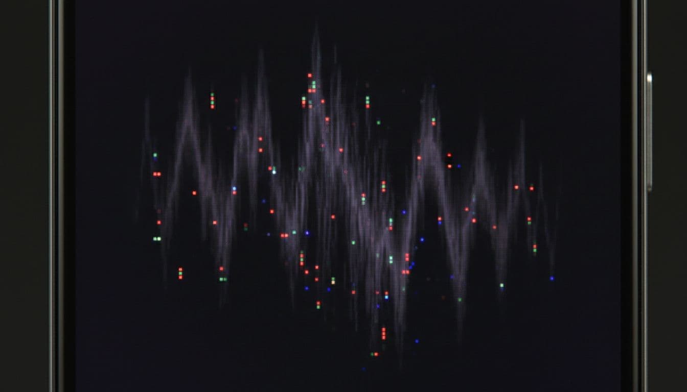 Macro close-up of a modern flat OLED smartphone screen displaying subtle flickering effect during fast scrolling on a dark webpage background, realistic photography with soft studio lighting and high pixel detail.