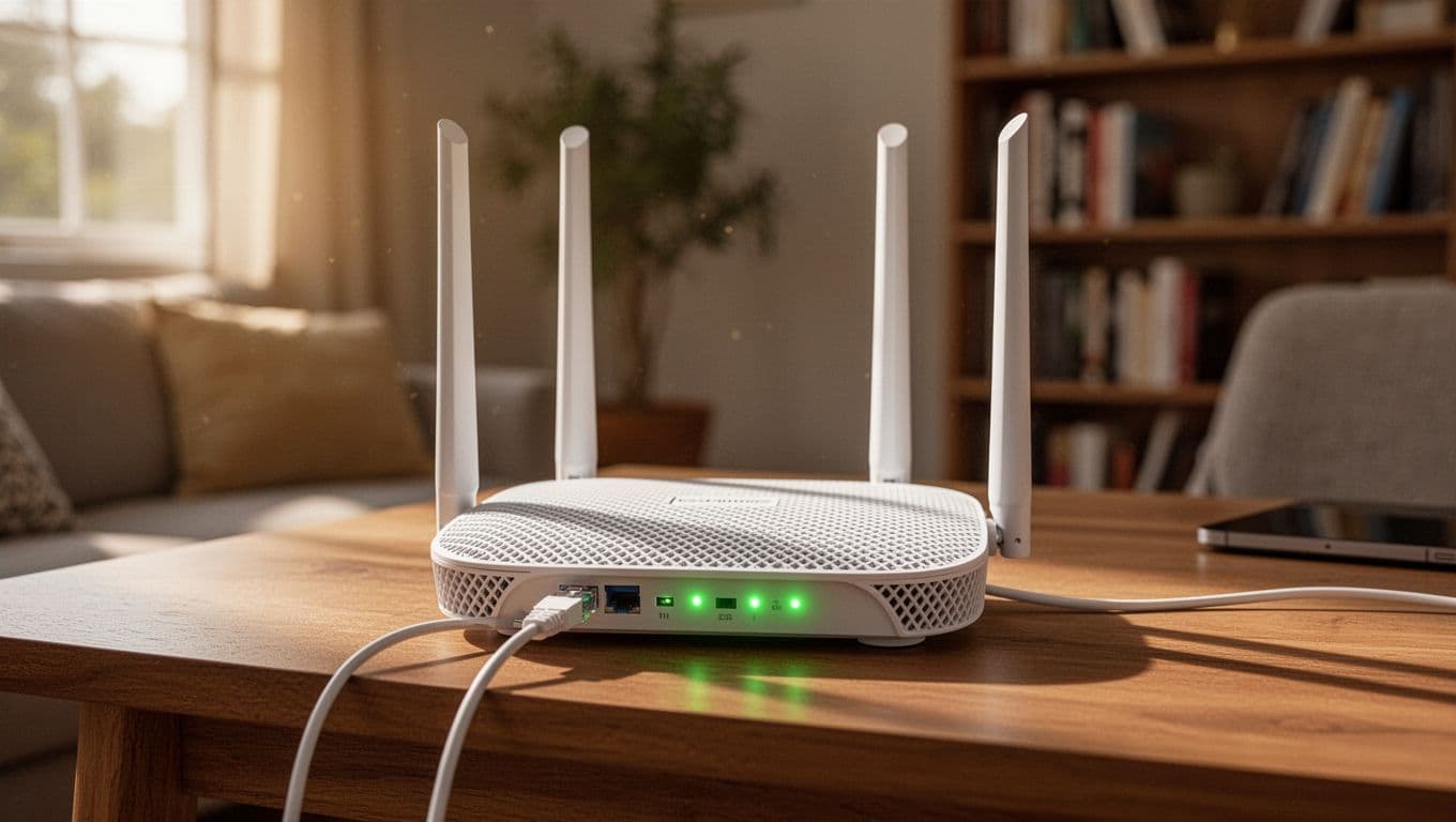 Photorealistic front view of a modern white mesh WiFi router on a wooden home desk in a cozy living room, with green status LEDs, upright antennas, and Ethernet cable, soft sunlight and blurred bookshelf background.