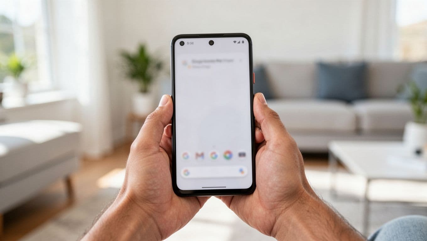 Pixel Android 16 troubleshooting at home with a Google Pixel phone held in two hands, screen slightly blurred.