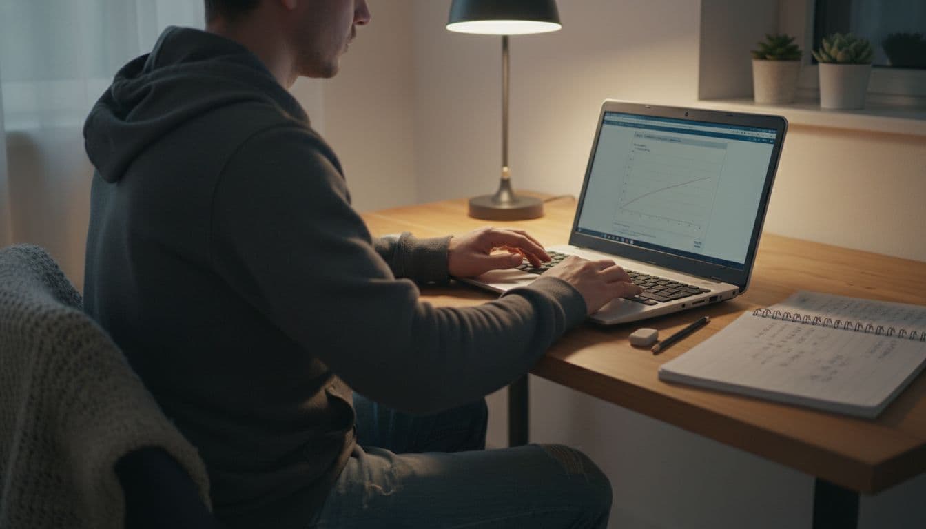 A person in casual clothes examines the battery health on a refurbished laptop screen at a home desk, surrounded by checklist notes in a cozy room with soft overhead lighting.