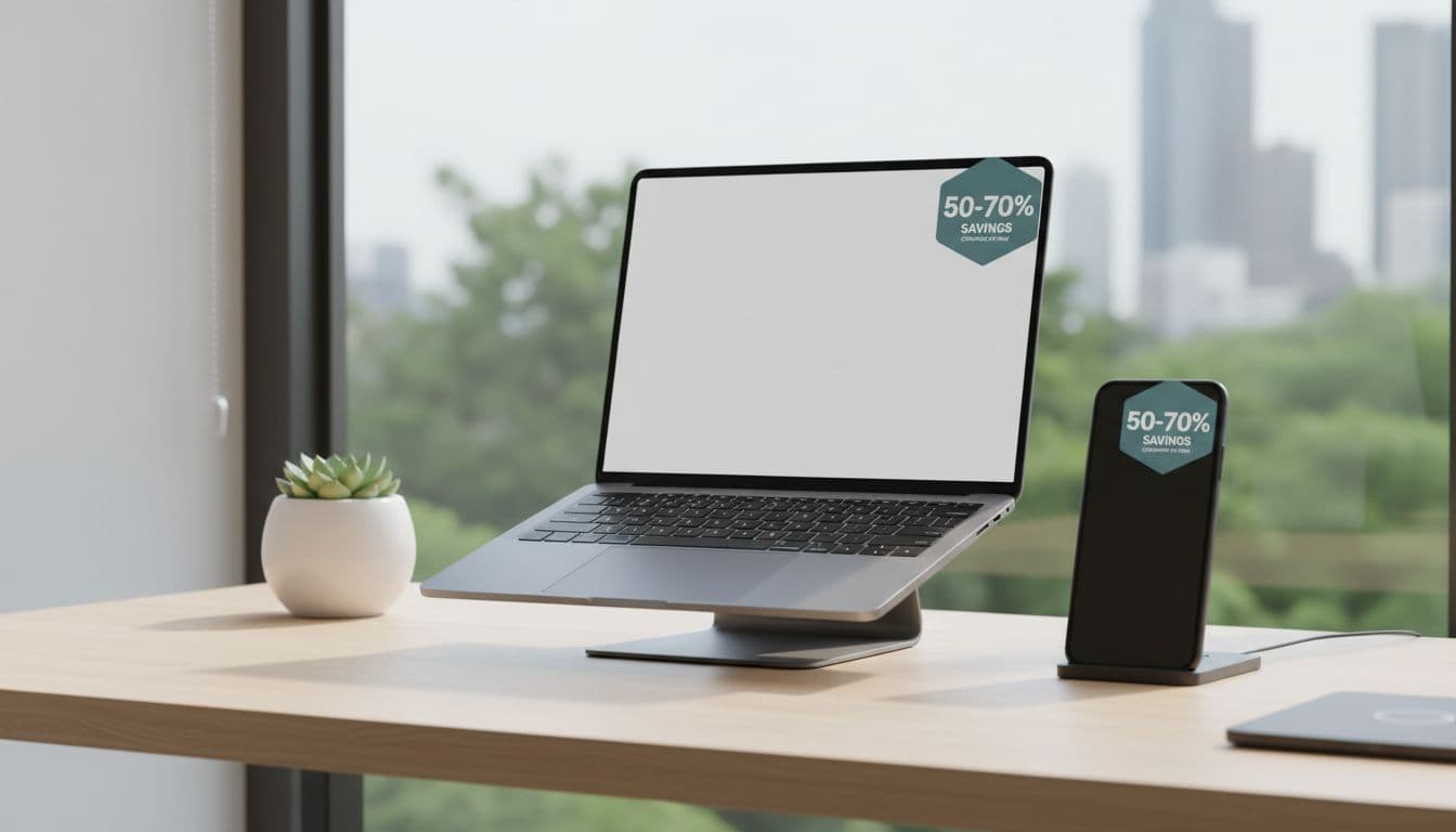 Clean modern desk setup featuring a refurbished MacBook laptop and iPhone with price tags showing savings, natural window light, realistic wide-angle photography, only two devices visible.