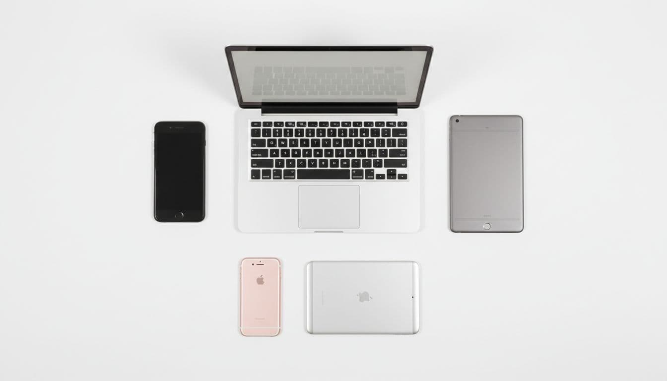 Five refurbished smartphones, tablets, and laptops neatly arranged on a white background in professional product photography style with even studio lighting and top-down composition.
