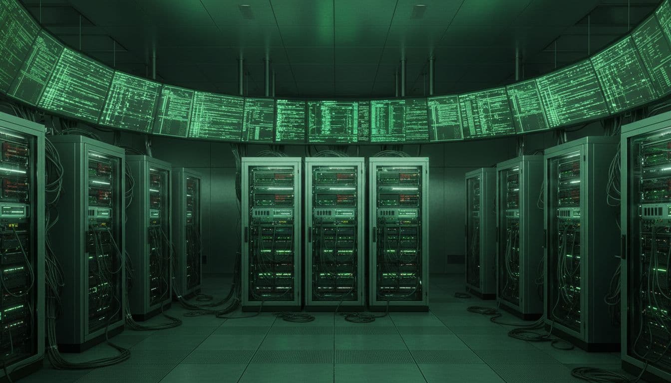 Dimly lit server control room with racks and screens showing abstract log outputs in green glows.