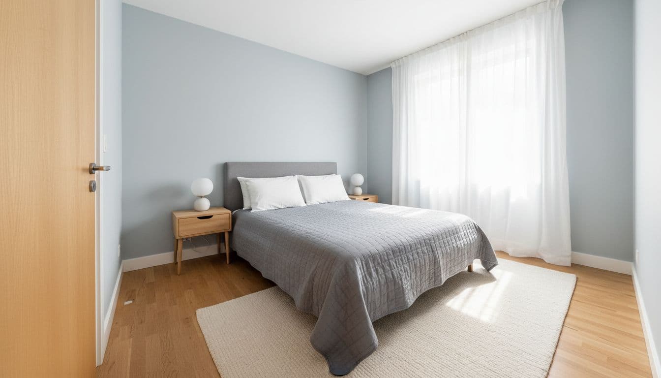 Small cozy bedroom with queen bed centered on longest wall, 2-foot clear walkways on both sides, slim nightstands, open floor space, and window with sheer curtains for natural light. Balanced spacious feel in realistic modern style.