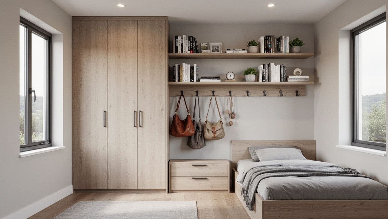 Small bedroom wall with tall slim wardrobe cabinet, high floating shelves for books and decor, hooks below for bags and accessories, low bed nearby, and clear floor space emphasizing vertical storage in a realistic contemporary style.