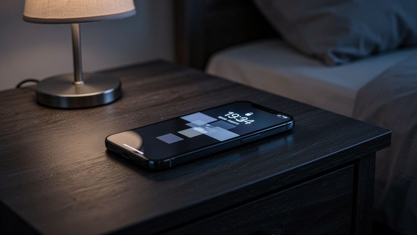 A single modern smartphone lies face-up on a dark wooden bedside table at night, its screen emitting a subtle dim glow from an always-on display with faint abstract shapes. Low light from a bedside lamp casts soft shadows, highlighting the phone's matte back and screen reflections in a cozy blurred bedroom background.