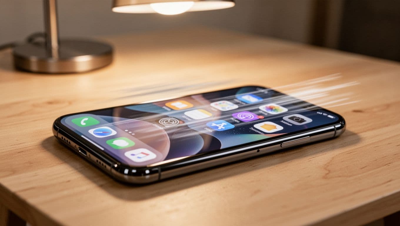 Close-up of a modern smartphone lying flat on a light wooden table, with its screen showing subtle motion blur across abstract app icons to represent slowdown or lag, captured in realistic photo style under warm indoor lighting.