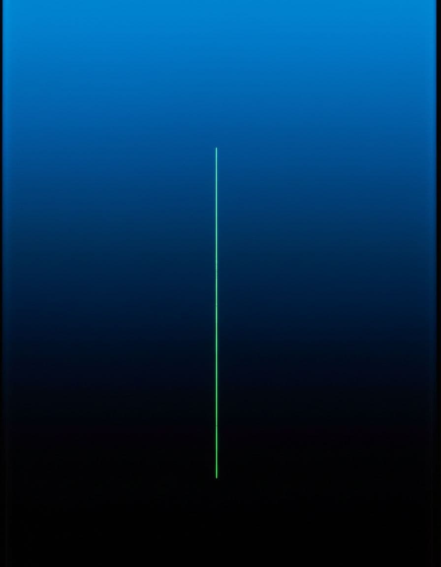 Macro close-up photograph of a smartphone OLED screen displaying a thin faint vertical green line defect on a smooth color gradient from blue to black, with realistic high-resolution detail and neutral lighting.