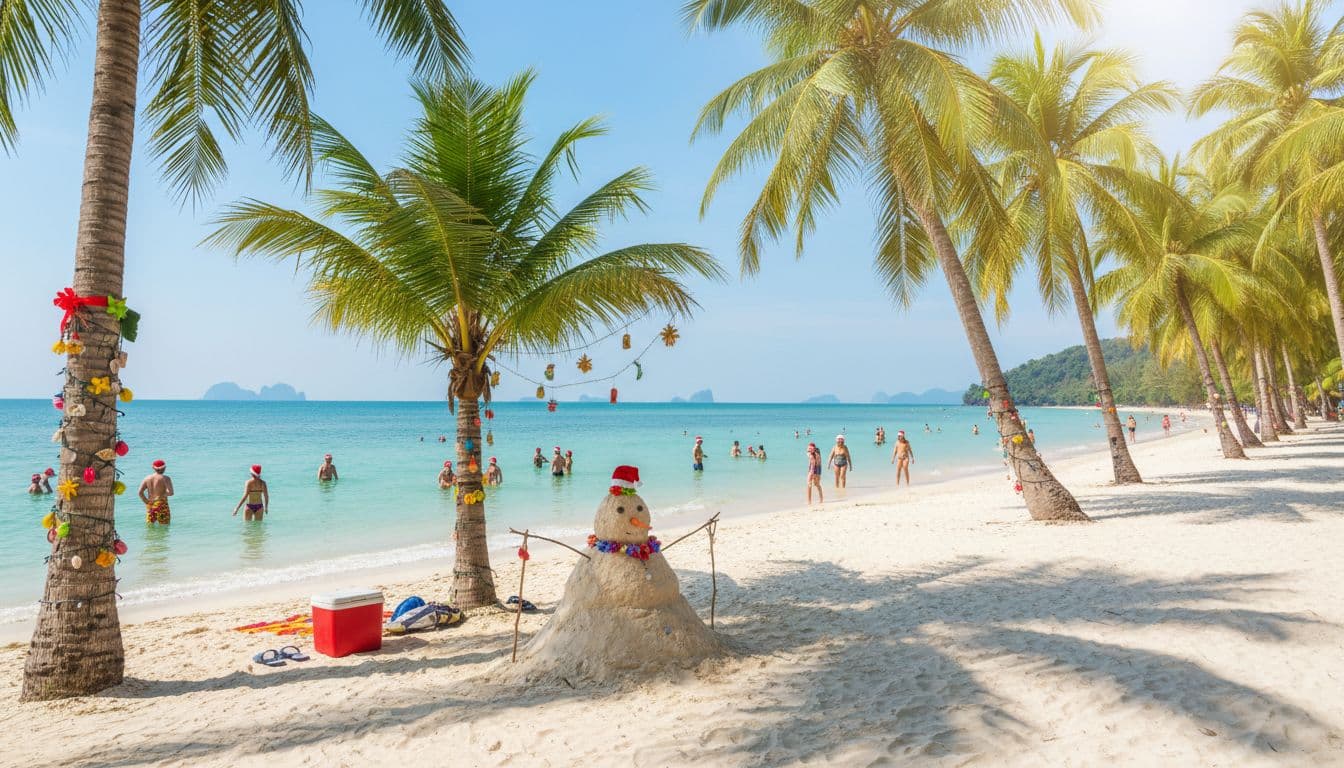 Tropical beach in Thailand with people in Santa hats and a sand snowman