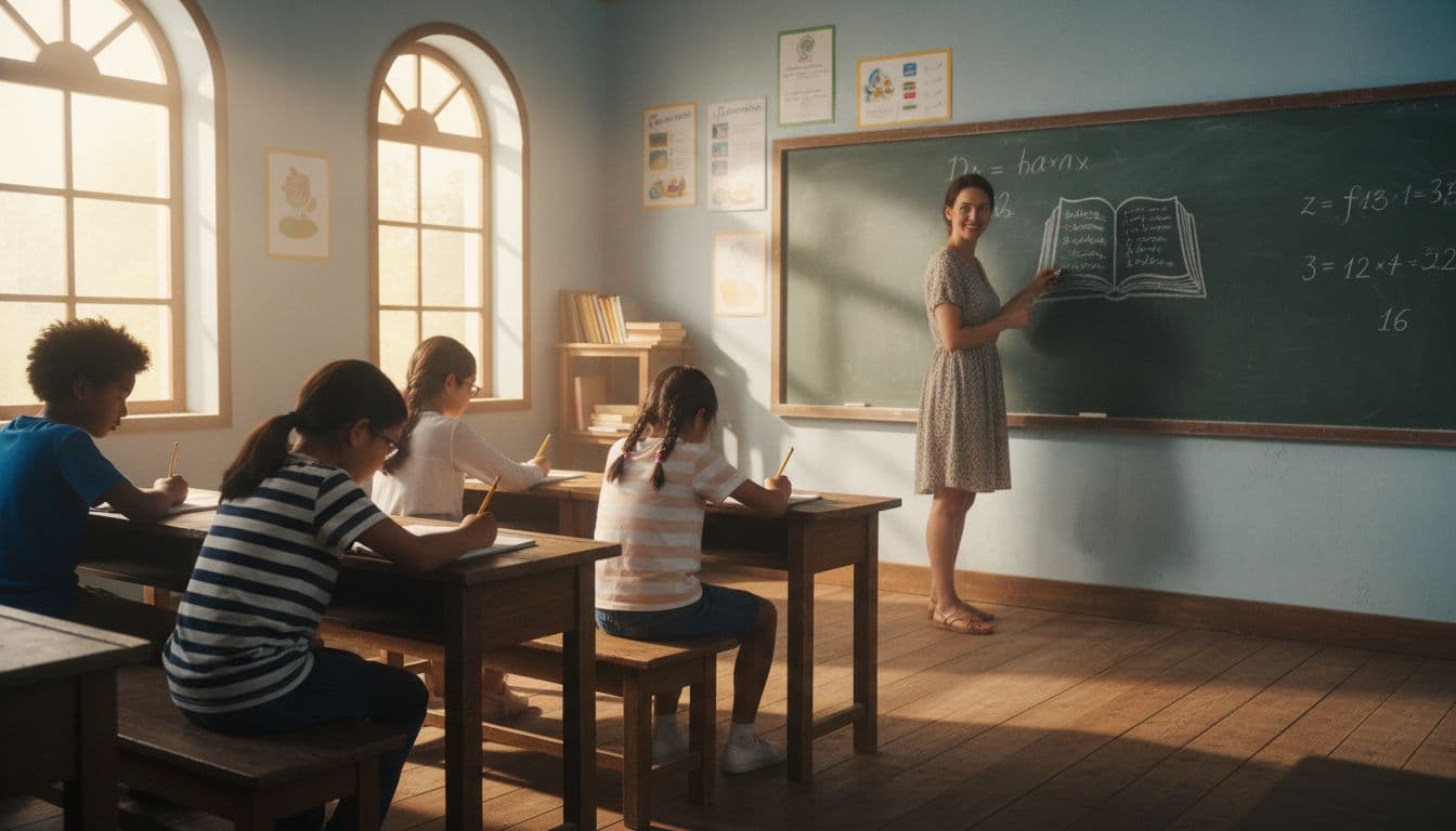 Five diverse children aged 8-12 and a female teacher in a modest rural classroom with wooden desks, chalkboard, and warm sunlight from windows, as children write attentively in notebooks.