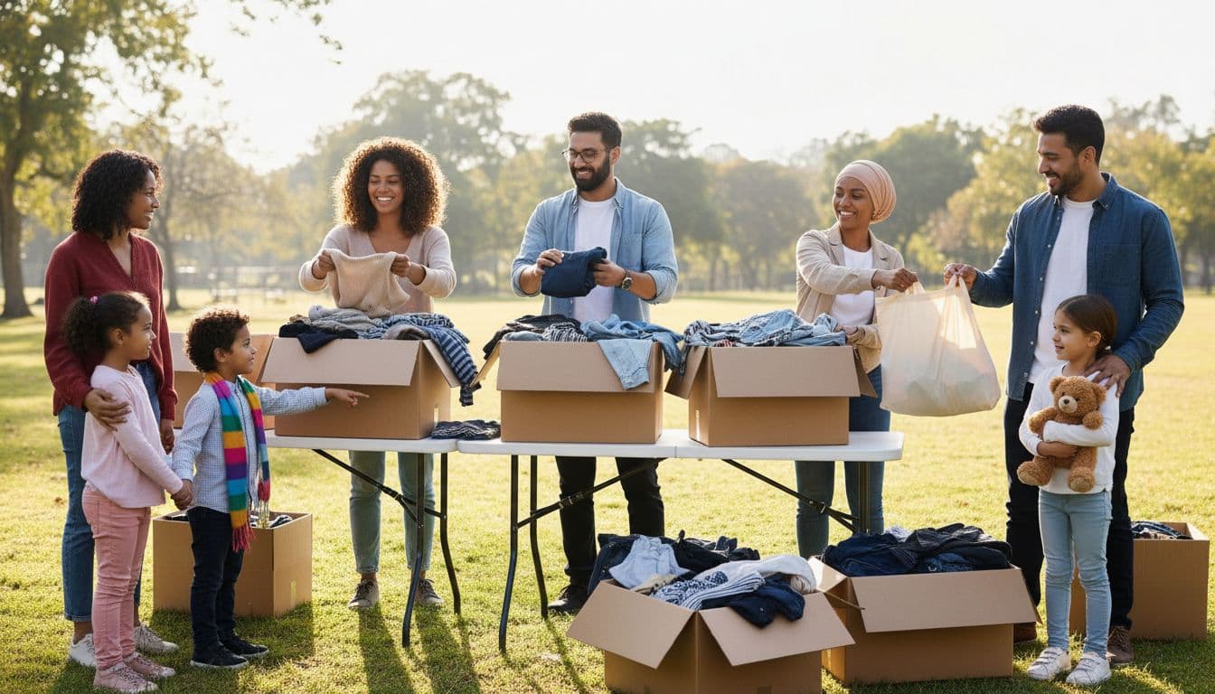 A diverse group of four adult volunteers smiles while sorting donated clothes from boxes and handing bags to two families with children at an outdoor community drive on a sunny afternoon.