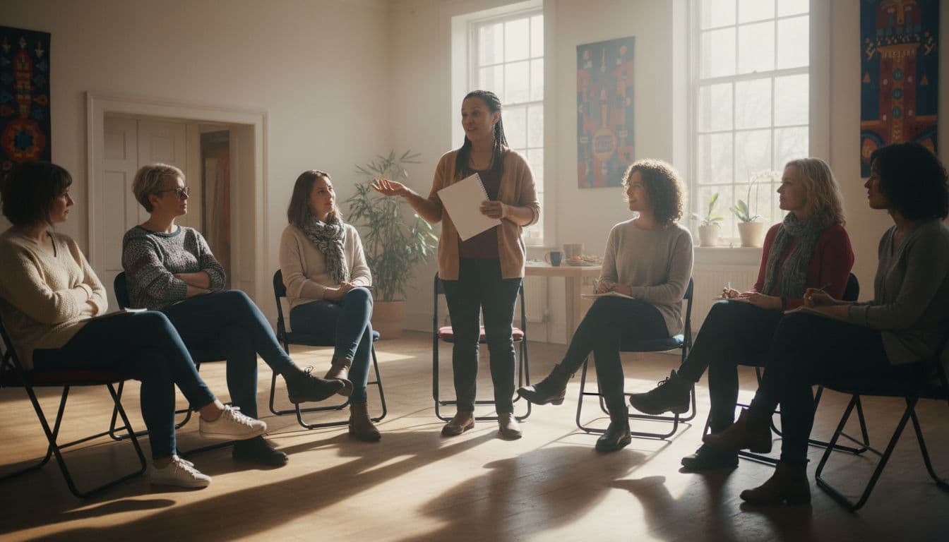 Group of eight women of various ages and backgrounds sitting in a circle in a bright community hall during an empowerment workshop, with one woman speaking confidently holding a notebook while others listen engaged.