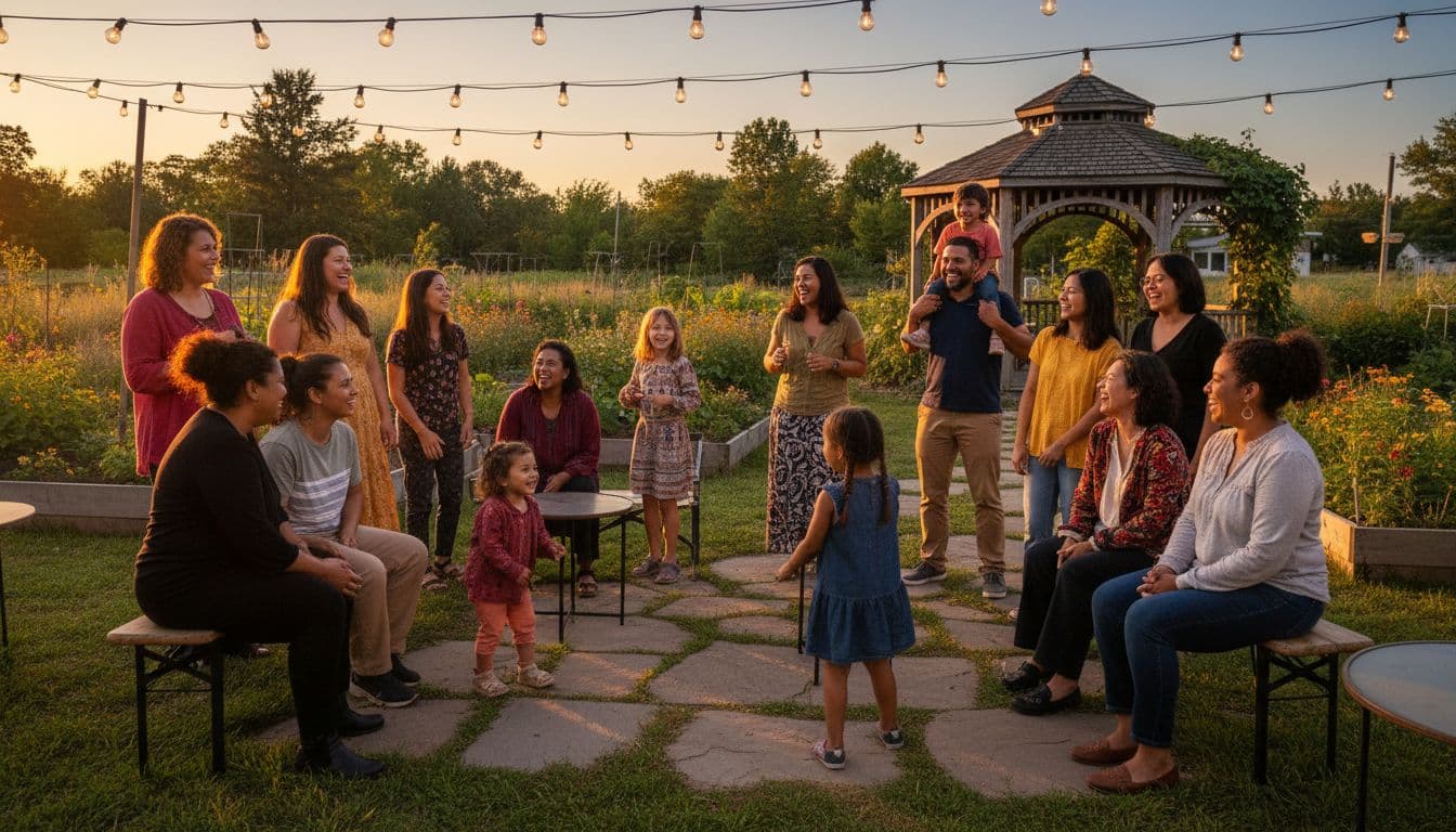 A joyful mixed group of 15 diverse community members, including women, men, and children, chatting and smiling in small groups at an outdoor event under string lights at dusk, evoking unity and hope.
