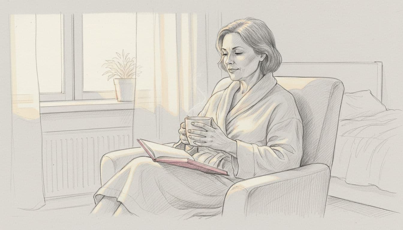 Woman over 50 sitting quietly with tea and a journal — starting the day with intention is a core practice of mindful eating after 50