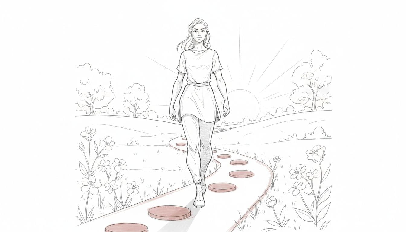 Midlife woman walking confidently along a stepping stone path toward bright sunlight — a visual metaphor for moving forward through a midlife identity shift