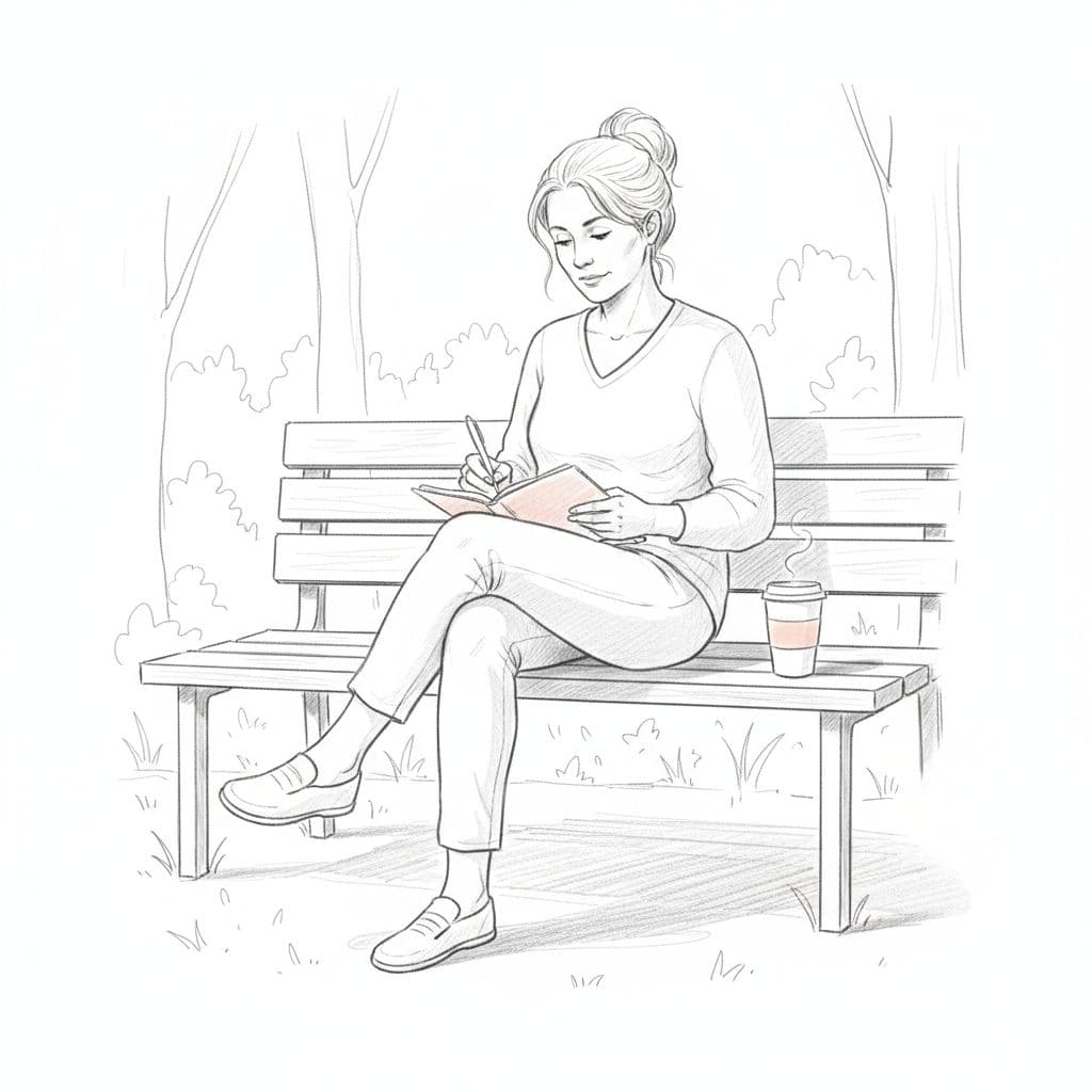 Woman journaling on a park bench with a cup of coffee — self-reflection through writing is a powerful first step in navigating a midlife identity shift