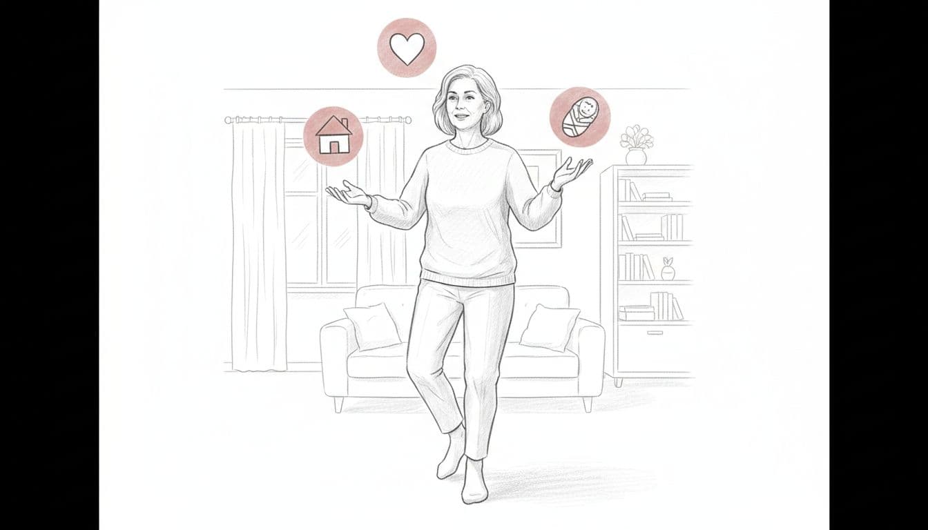 Midlife woman balancing multiple family roles symbolized by floating icons of a home, heart, and baby — role overload is a common trigger of a midlife identity shift