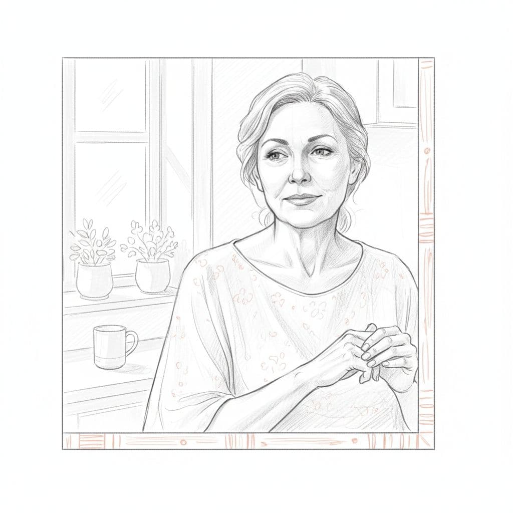 Middle-aged woman standing in her kitchen with a quiet, self-assured expression — finding stillness and self-awareness is key to healing a midlife identity shift