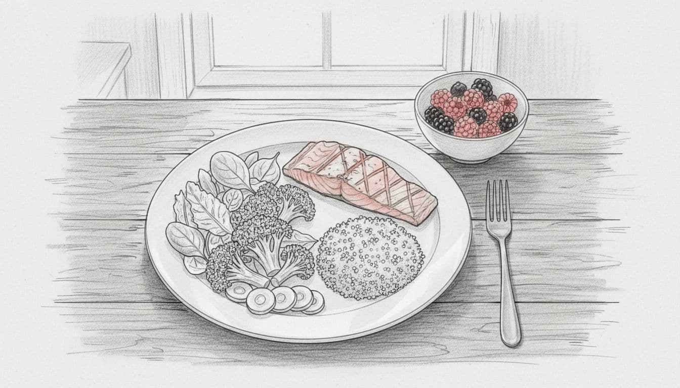 A balanced plate with salmon, broccoli, greens, and a bowl of berries — an example of mindful eating after 50 that nourishes the body