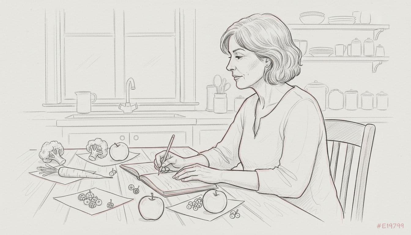 A balanced plate with salmon, broccoli, greens, and a bowl of berries — an example of mindful eating after 50 that nourishes the body