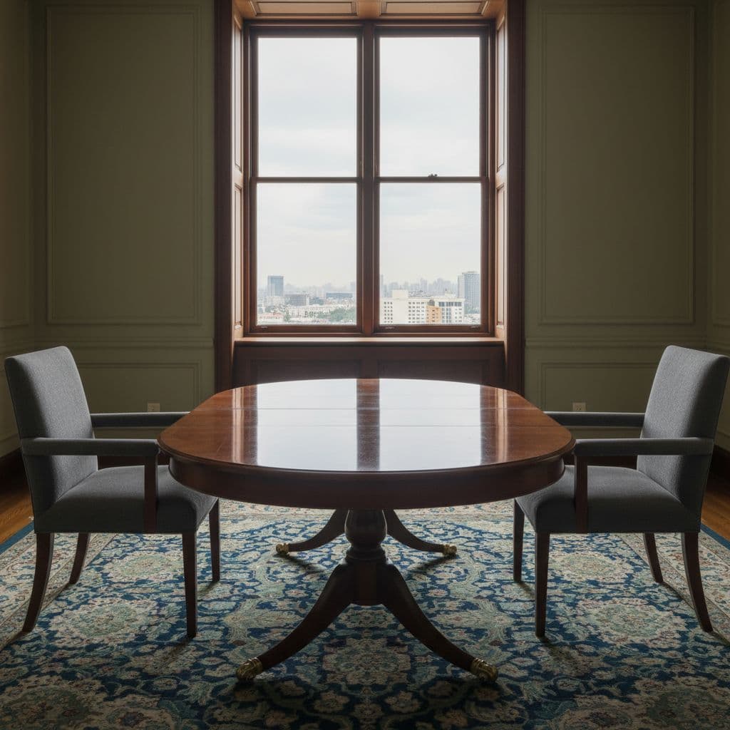 A polished wooden table sits between two empty chairs in a quiet, professional office overlooking a city.