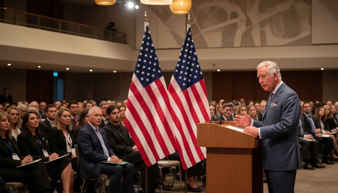 King Charles III speaks at podium with British and US flags behind in conference hall with audience.