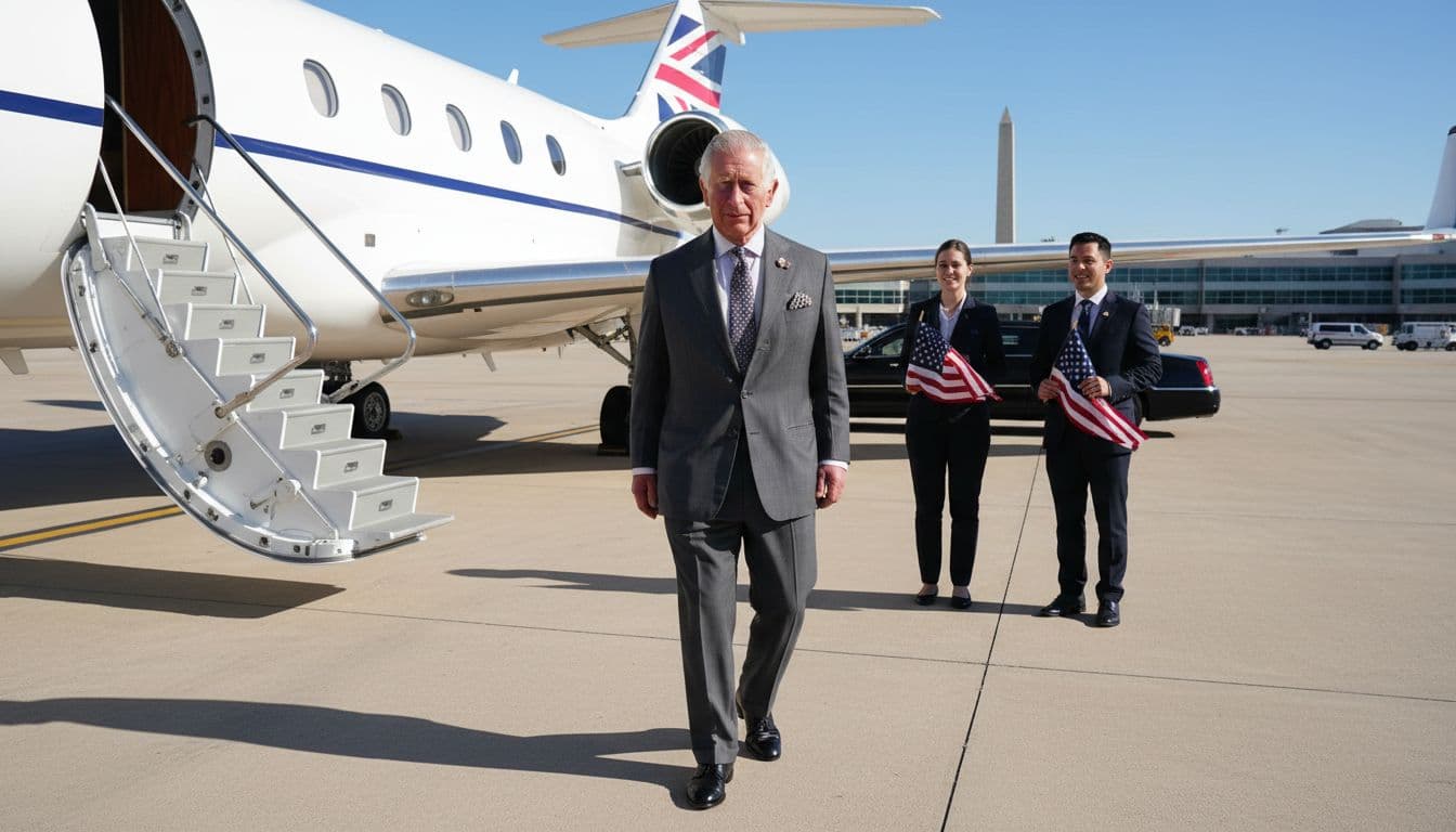 King Charles III in suit walks down airplane steps at Washington DC airport on sunny day with two greeters holding US flags.