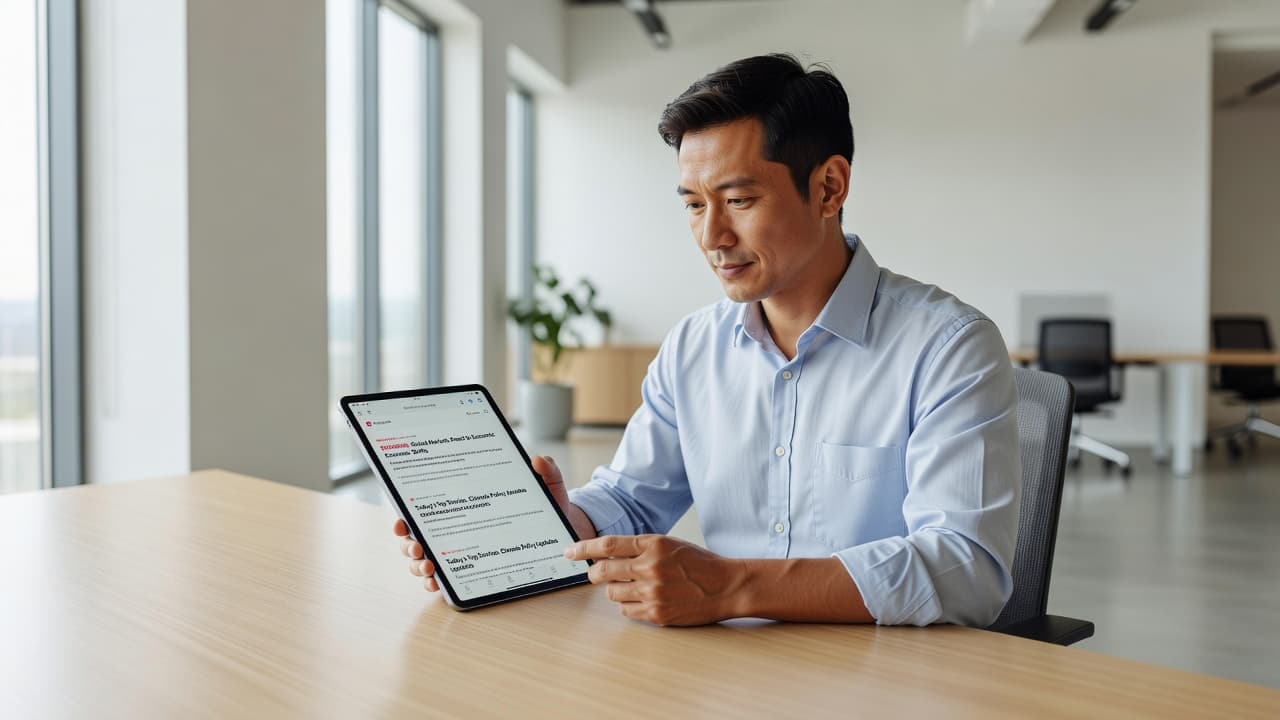 A focused individual sits at a minimalist wooden desk within a sunlit office, carefully scrolling through live updates on a sleek tablet screen. Soft ambient light illuminates the clean workspace.