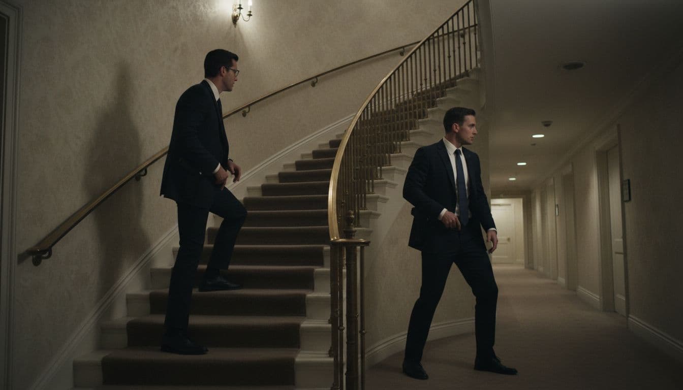 Two suited agents in tense alert poses secure dimly lit hotel hallway staircase, hands near holsters.