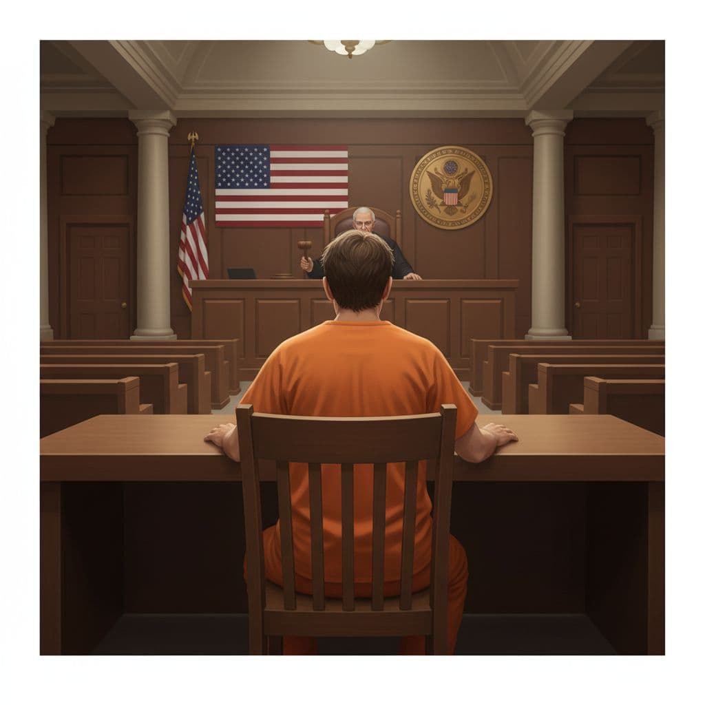 Man in orange jail uniform sits at defense table with empty chair beside him; judge at bench with gavel, US flag and seal on wall, empty gallery.