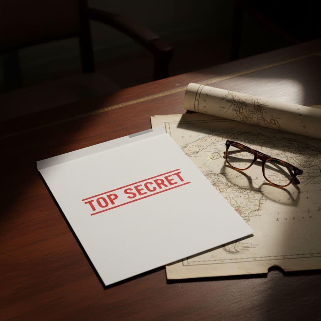 A top secret legal folder rests beside a vintage map of Cuba on a mahogany office desk.