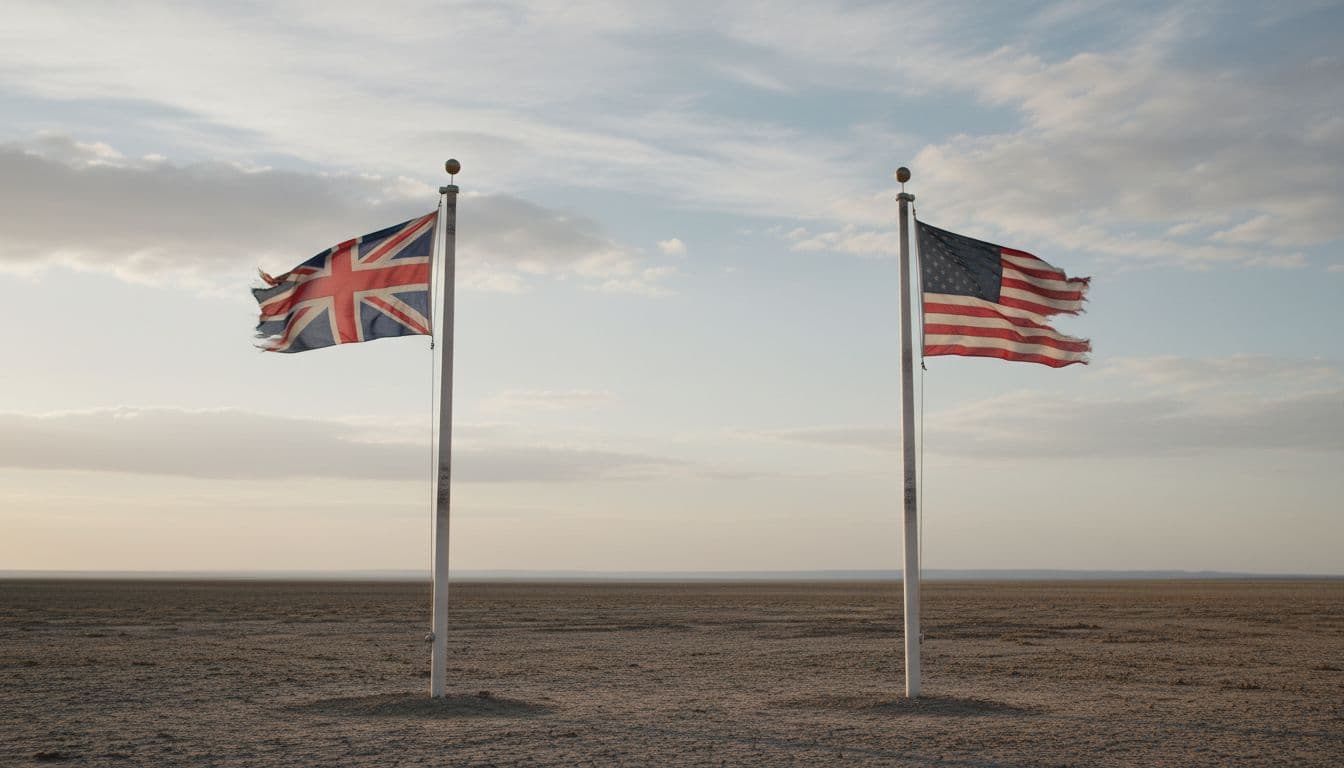 Union Jack and Stars and Stripes flags on separate flagpoles with a gap between them against a partly cloudy sky.