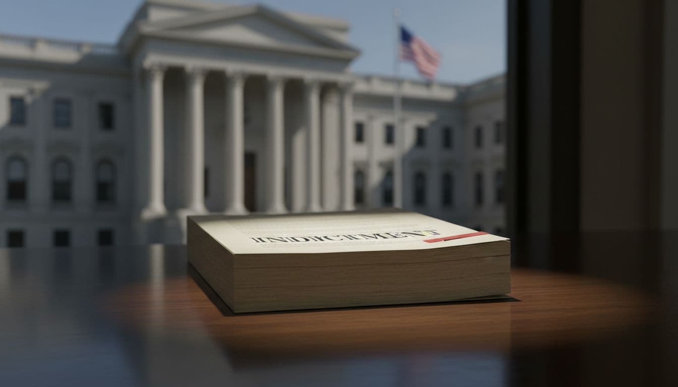 A formal legal document rests on a dark wooden desk with a blurred courtroom background.