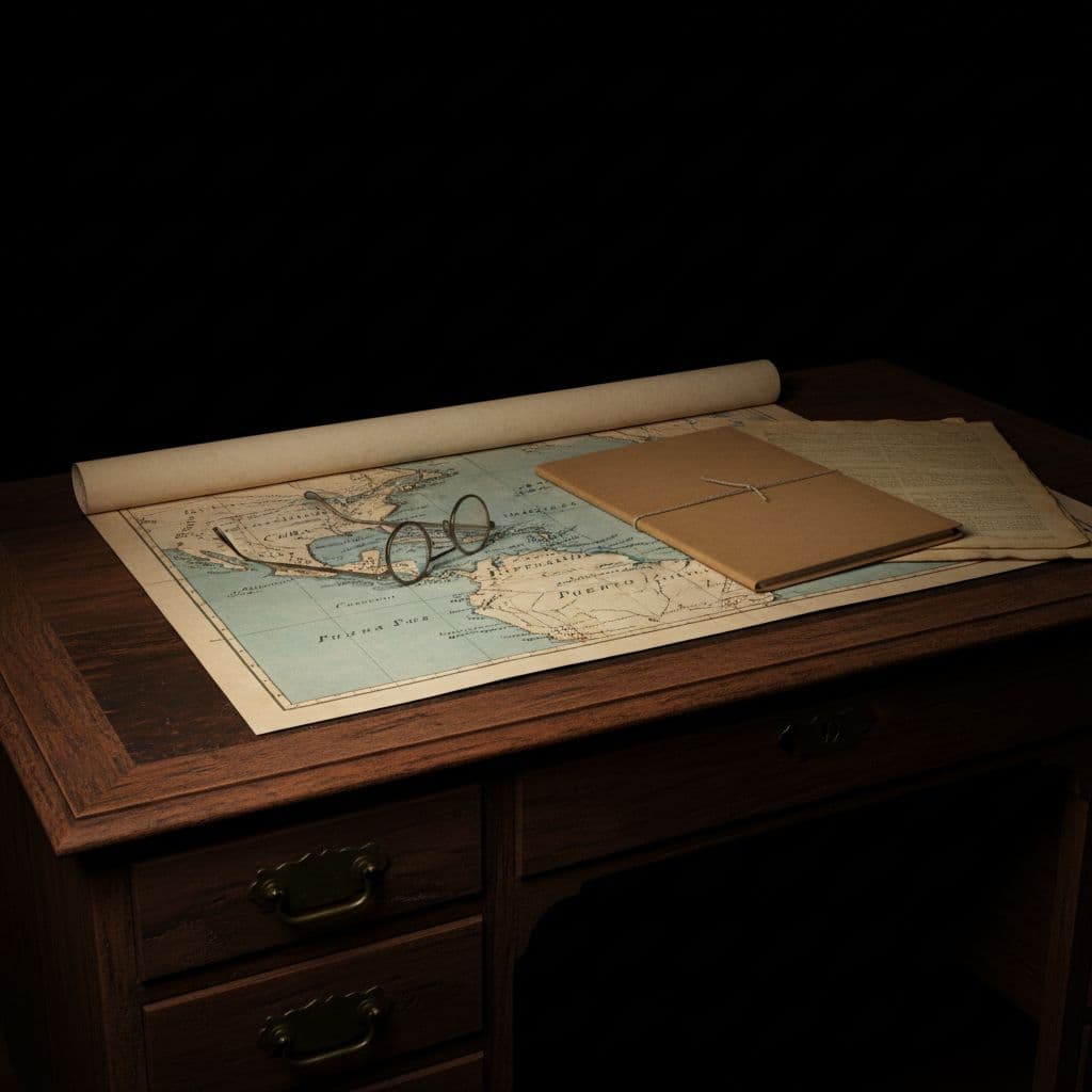 A dimly lit wooden desk features a Caribbean map, eyeglasses, and a closed folder.